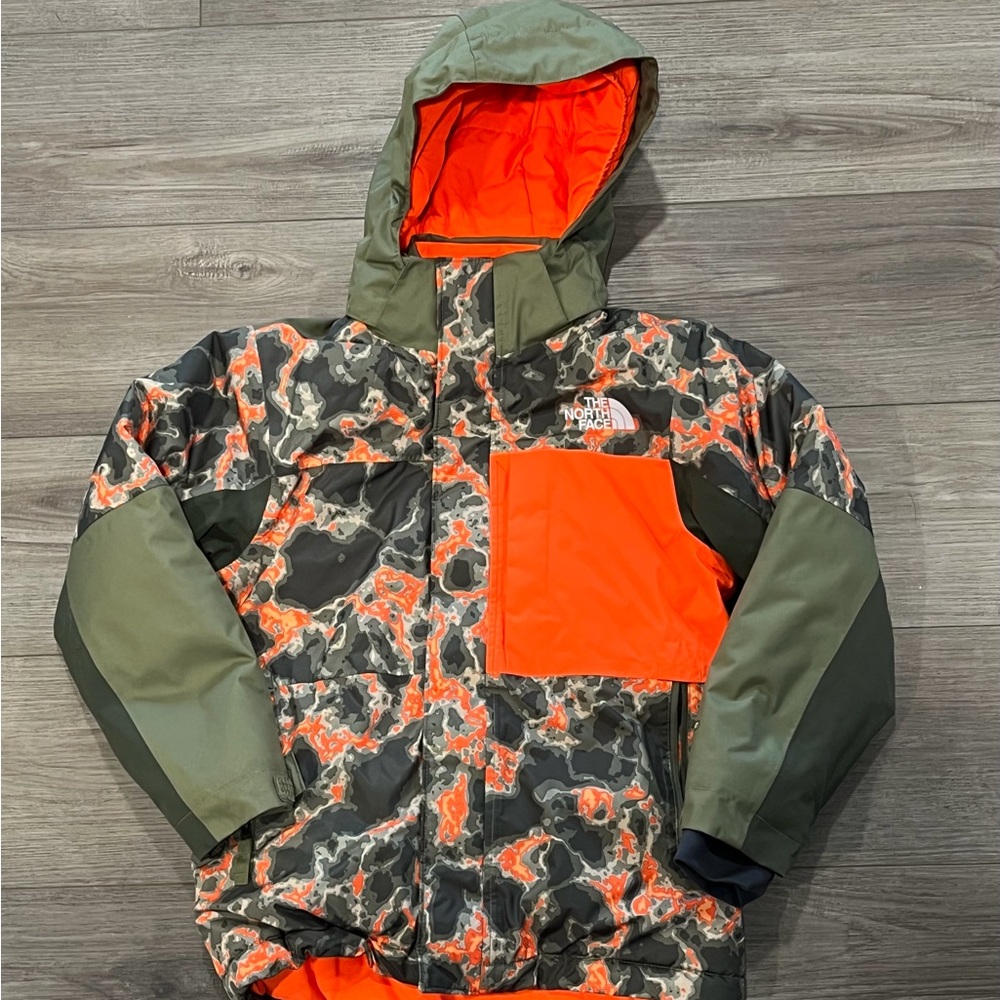The North Face Boys Green and Orange Camouflage Ski Coat